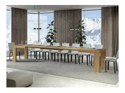 Mesa de comedor extensible de madera Ribo-Color Natural-Base y soporte con ruedas-5 alargaderas finas-Ancho extensible