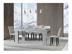 Mesa de comedor extensible de madera Ribo-Color Gris cemento-Base y soporte con ruedas-5 alargaderas finas-Ancho extensible