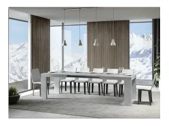 Mesa de comedor extensible de madera Ribo-Color Gris cemento-Base y soporte con ruedas-5 alargaderas finas-Ancho extensible