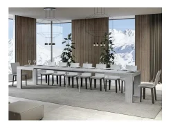 Mesa de comedor extensible de madera Ribo-Color Gris cemento-Base y soporte con ruedas-5 alargaderas finas-Ancho extensible
