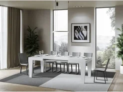 Mesa de comedor extensible de madera Kristo patas en V-Color Blanco-Base y soporte con ruedas-5 alargaderas finas-Ancho extensible