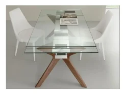 Mesa de comedor extensible Ladyane 160/240 cm con tablero de cristal y patas de nogal macizo