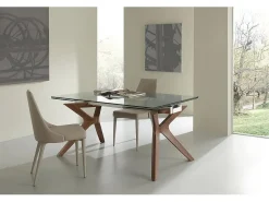 Mesa de comedor extensible Ladyane 160/240 cm con tablero de cristal y patas de nogal macizo
