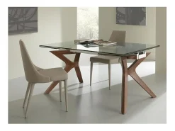 Mesa de comedor extensible Ladyane 160/240 cm con tablero de cristal y patas de nogal macizo