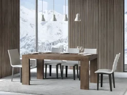 Mesa de comedor extensible de madera Ribo-Color Marrón-Soporte 4 pies-5 alargaderas finas-Ancho extensible