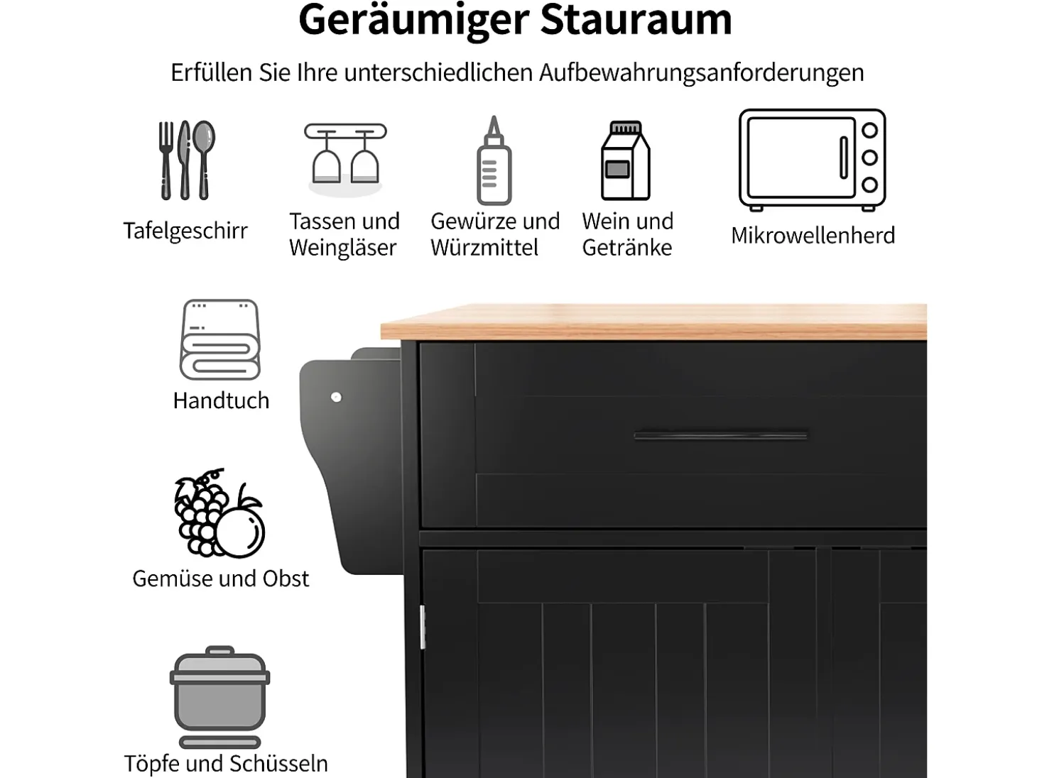 Mesa de comedor extensible con almacenaje, MDF, negro y natural, 5 ruedas y 2 cajones (129x71x91,5cm)