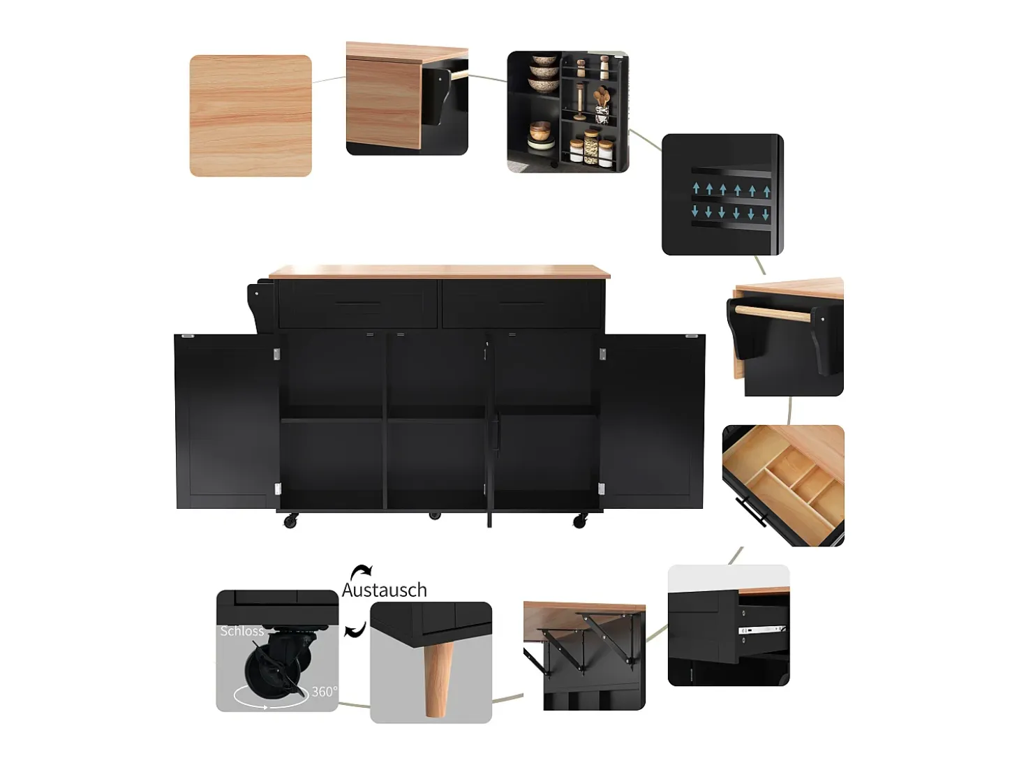 Mesa de comedor extensible con almacenaje, MDF, negro y natural, 5 ruedas y 2 cajones (129x71x91,5cm)