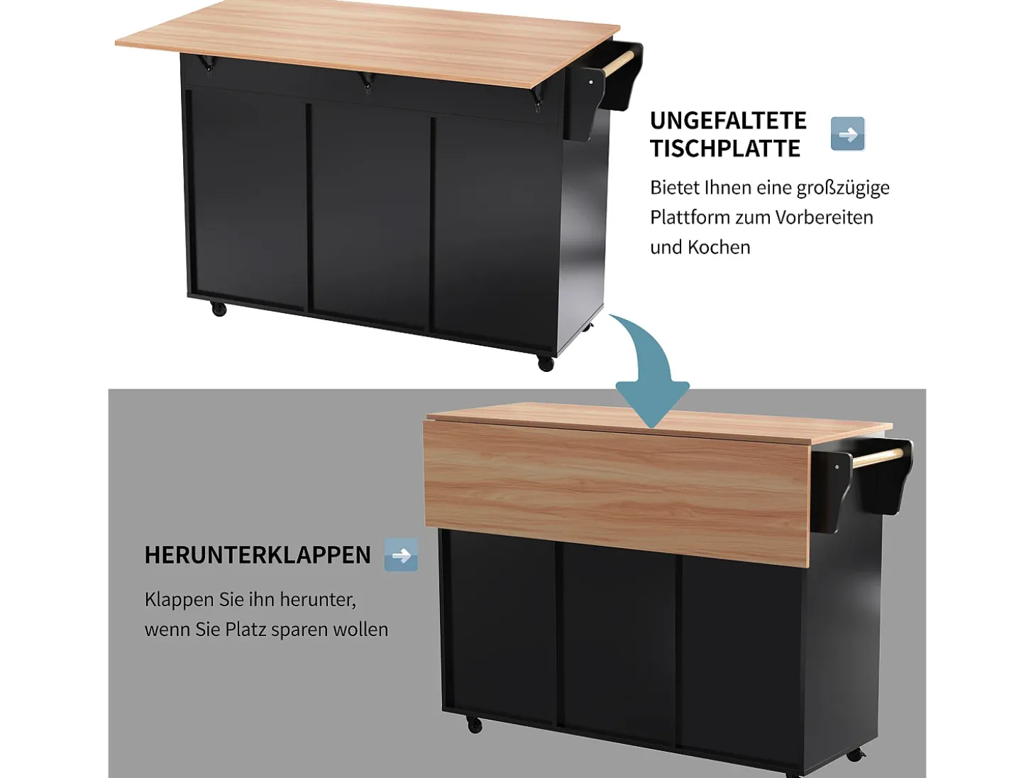 Mesa de comedor extensible con almacenaje, MDF, negro y natural, 5 ruedas y 2 cajones (129x71x91,5cm)