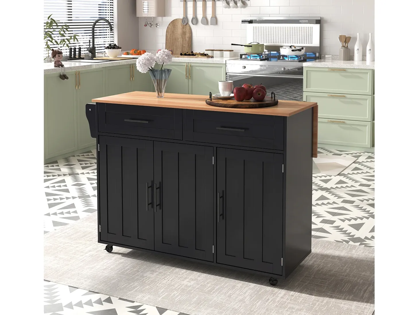 Mesa de comedor extensible con almacenaje, MDF, negro y natural, 5 ruedas y 2 cajones (129x71x91,5cm)