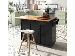 Mesa de comedor extensible con almacenaje, MDF, negro y natural, 5 ruedas y 2 cajones (129x71x91,5cm)