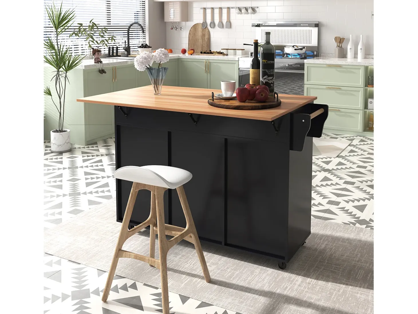 Mesa de comedor extensible con almacenaje, MDF, negro y natural, 5 ruedas y 2 cajones (129x71x91,5cm)