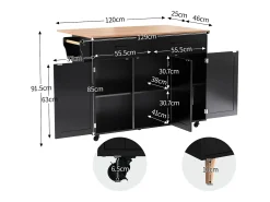 Mesa de comedor extensible con almacenaje, MDF, negro y natural, 5 ruedas y 2 cajones (129x71x91,5cm)