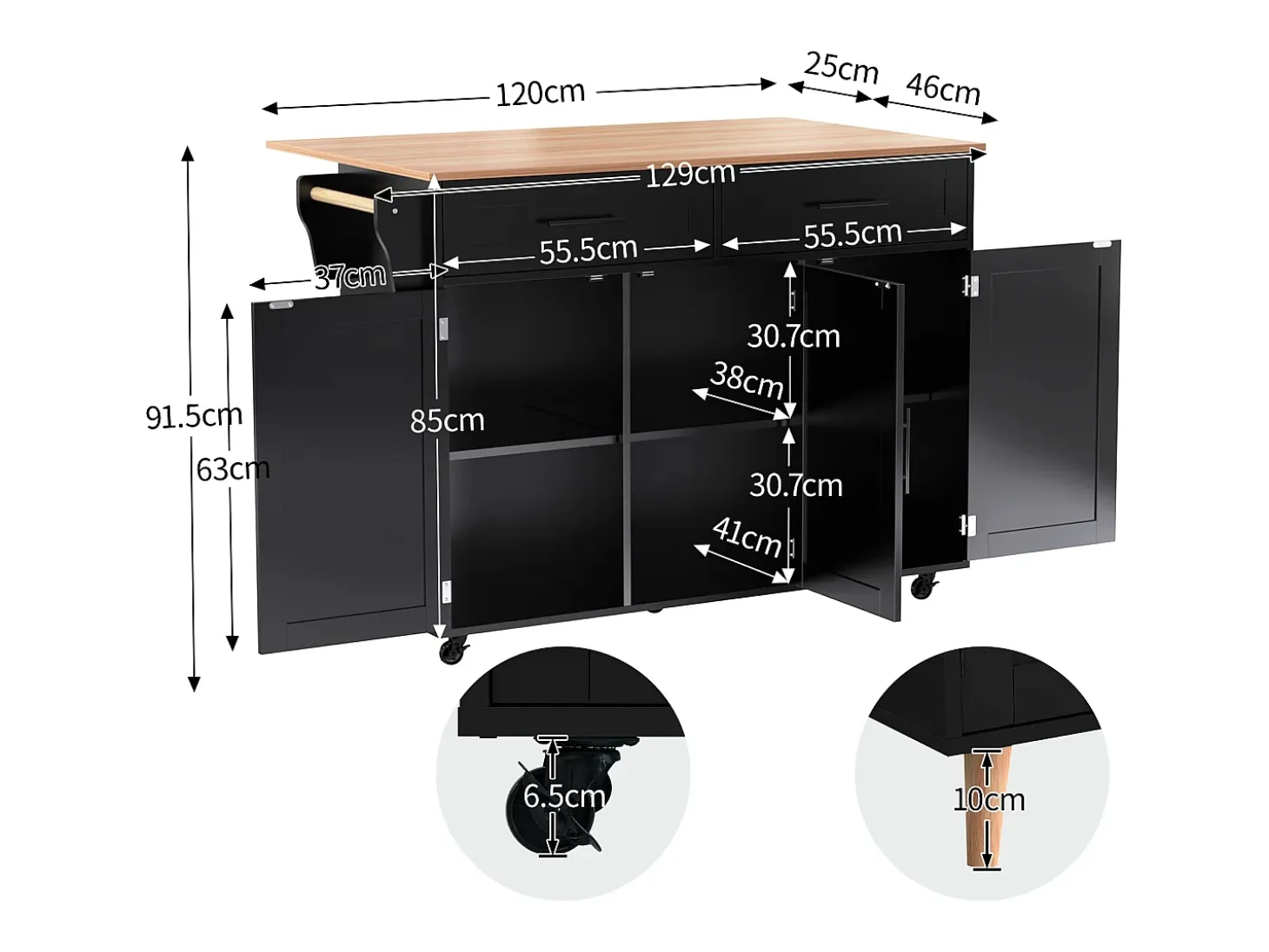 Mesa de comedor extensible con almacenaje, MDF, negro y natural, 5 ruedas y 2 cajones (129x71x91,5cm)