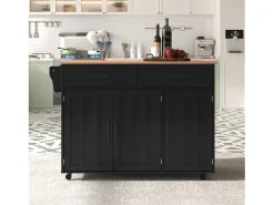 Mesa de comedor extensible con almacenaje, MDF, negro y natural, 5 ruedas y 2 cajones (129x71x91,5cm)