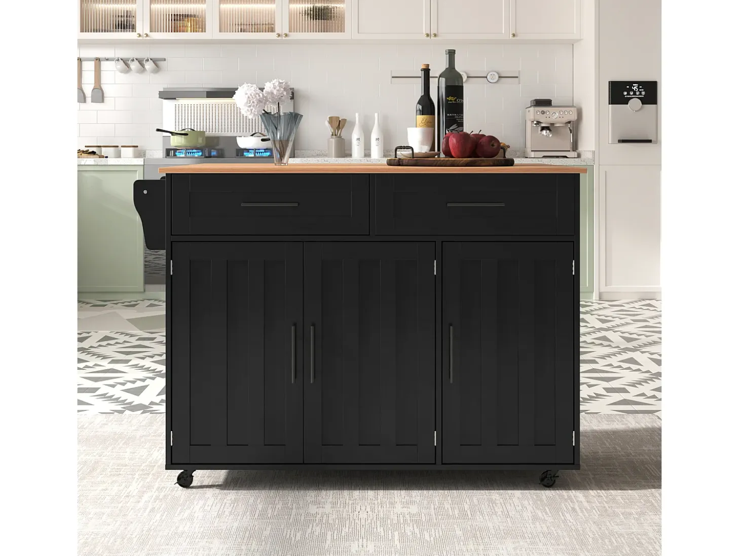 Mesa de comedor extensible con almacenaje, MDF, negro y natural, 5 ruedas y 2 cajones (129x71x91,5cm)