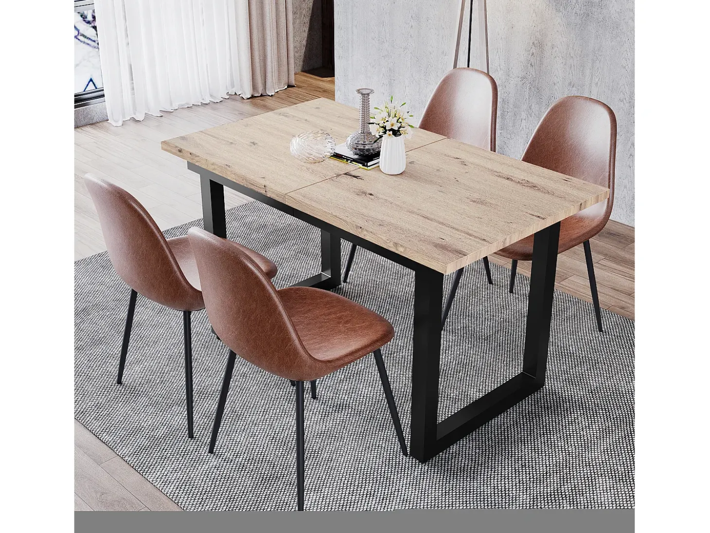Mesa de comedor extensible para 2 a 6 personas en aglomerado y metal - Natural y negro