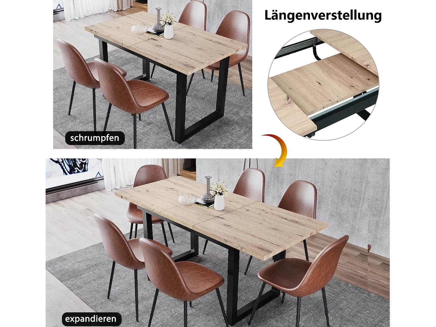 Mesa de comedor extensible para 2 a 6 personas en aglomerado y metal - Natural y negro