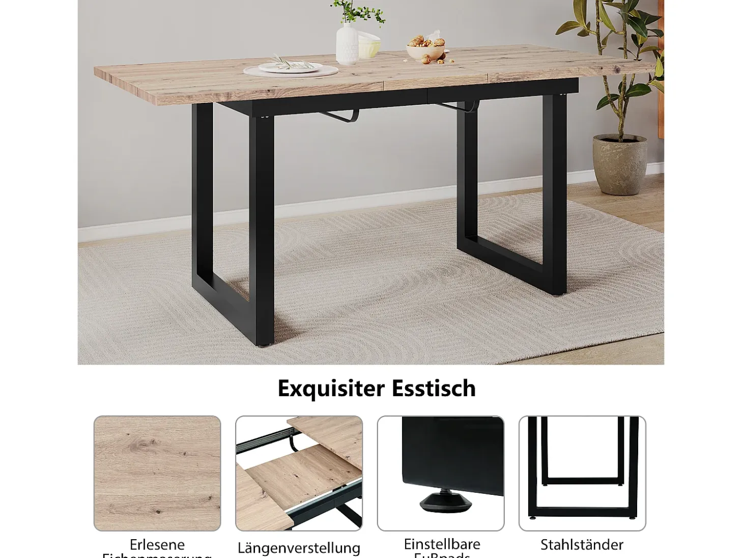 Mesa de comedor extensible para 2 a 6 personas en aglomerado y metal - Natural y negro