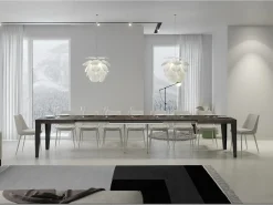 Mesa de comedor extensible Flavio-Color Marrón-Base y soporte con ruedas-5 alargaderas finas-Ancho extensible