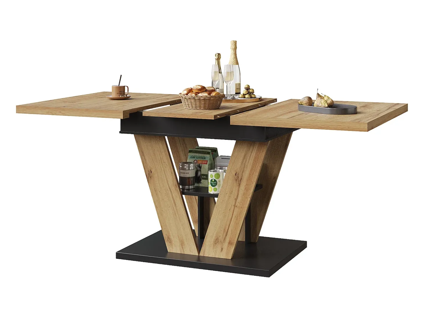 Mesa de comedor extensible 110-140 x 80cm - Tablero imitación madera - Negro y madera