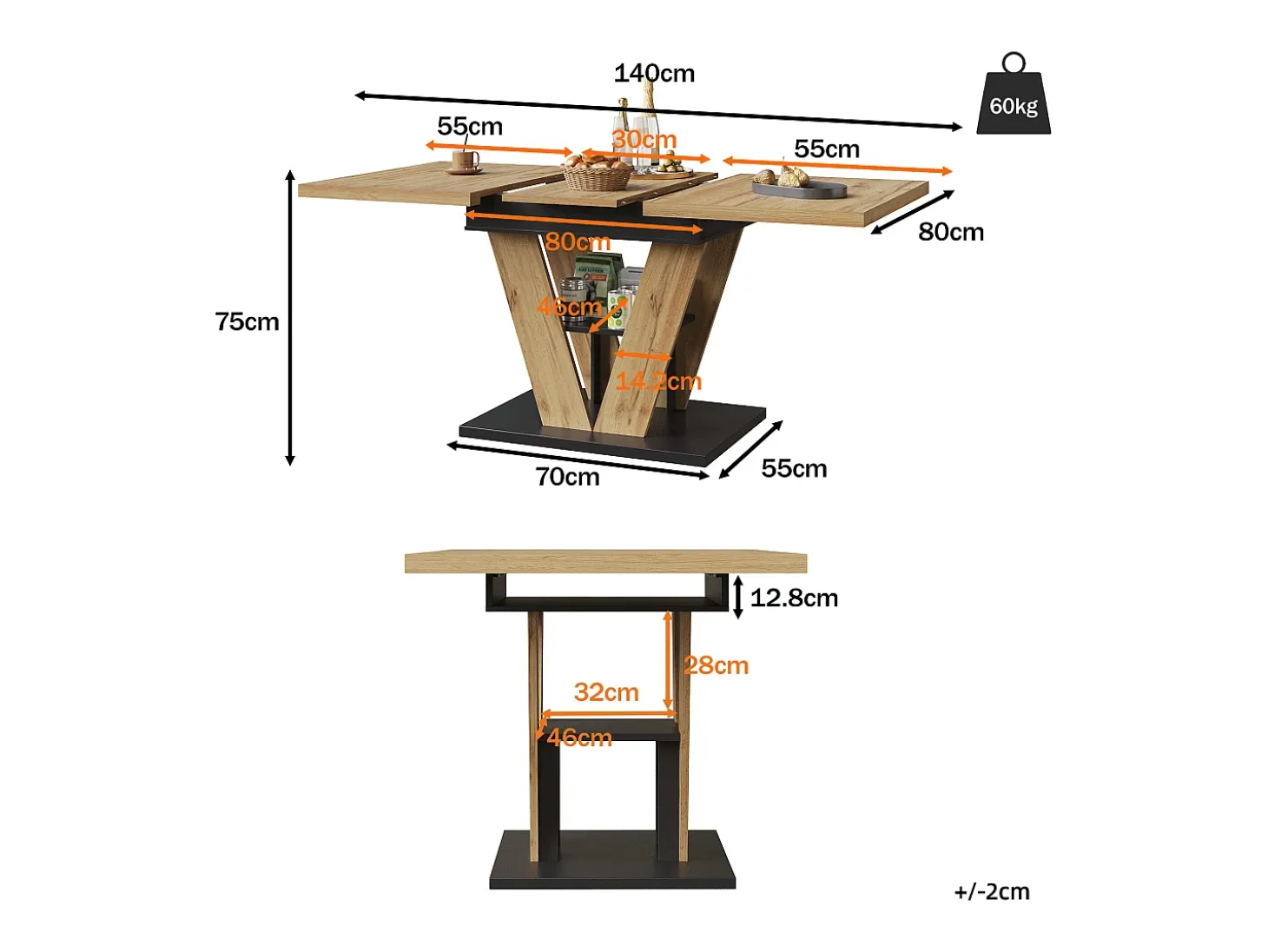 Mesa de comedor extensible 110-140 x 80cm - Tablero imitación madera - Negro y madera