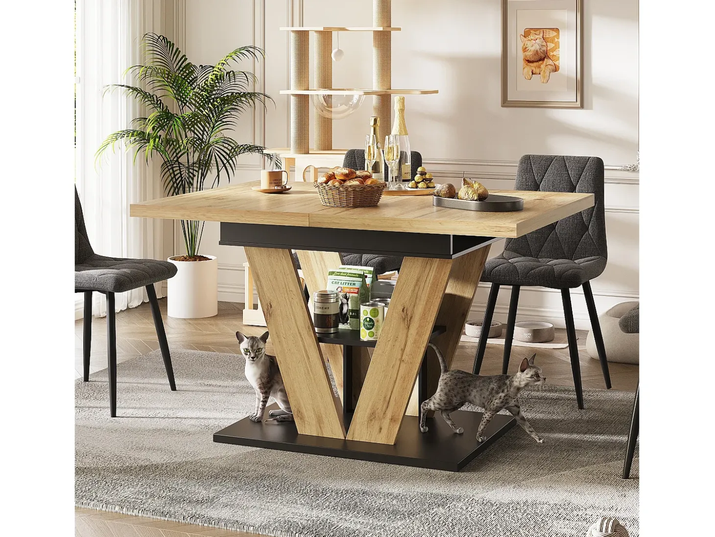 Mesa de comedor extensible 110-140 x 80cm - Tablero imitación madera - Negro y madera