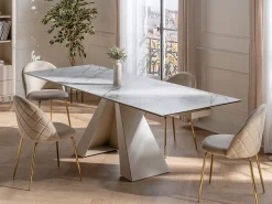Mesa de comedor extensible de cerámica y metal - Efecto mármol blanco y beige - LOZIPA