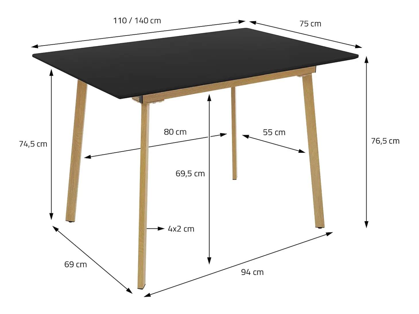 Mesa de comedor extensible mesa de comedor mesa de cocina 110/140x75cm negro