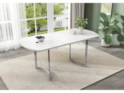 Mesa de comedor extensible, diseño moderno, MDF, blanco, patas de metal plateado (L140-180 x P80 x H75 cm)