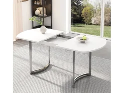 Mesa de comedor extensible, diseño moderno, MDF, blanco, patas de metal plateado (L140-180 x P80 x H75 cm)
