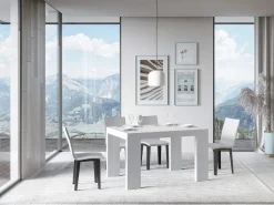 Mesa de comedor extensible de madera Ribo-Color Blanco-Base y soporte con ruedas-Alargaderas -Ancho extensible