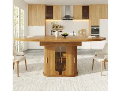 Mesa de comedor extensible para 6 personas - 118/158 x 118 x 77 cm - con 3 puertas + estantes - MDF - natural