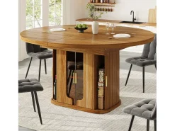 Mesa de comedor extensible para 6 personas - 118/158 x 118 x 77 cm - con 3 puertas + estantes - MDF - natural