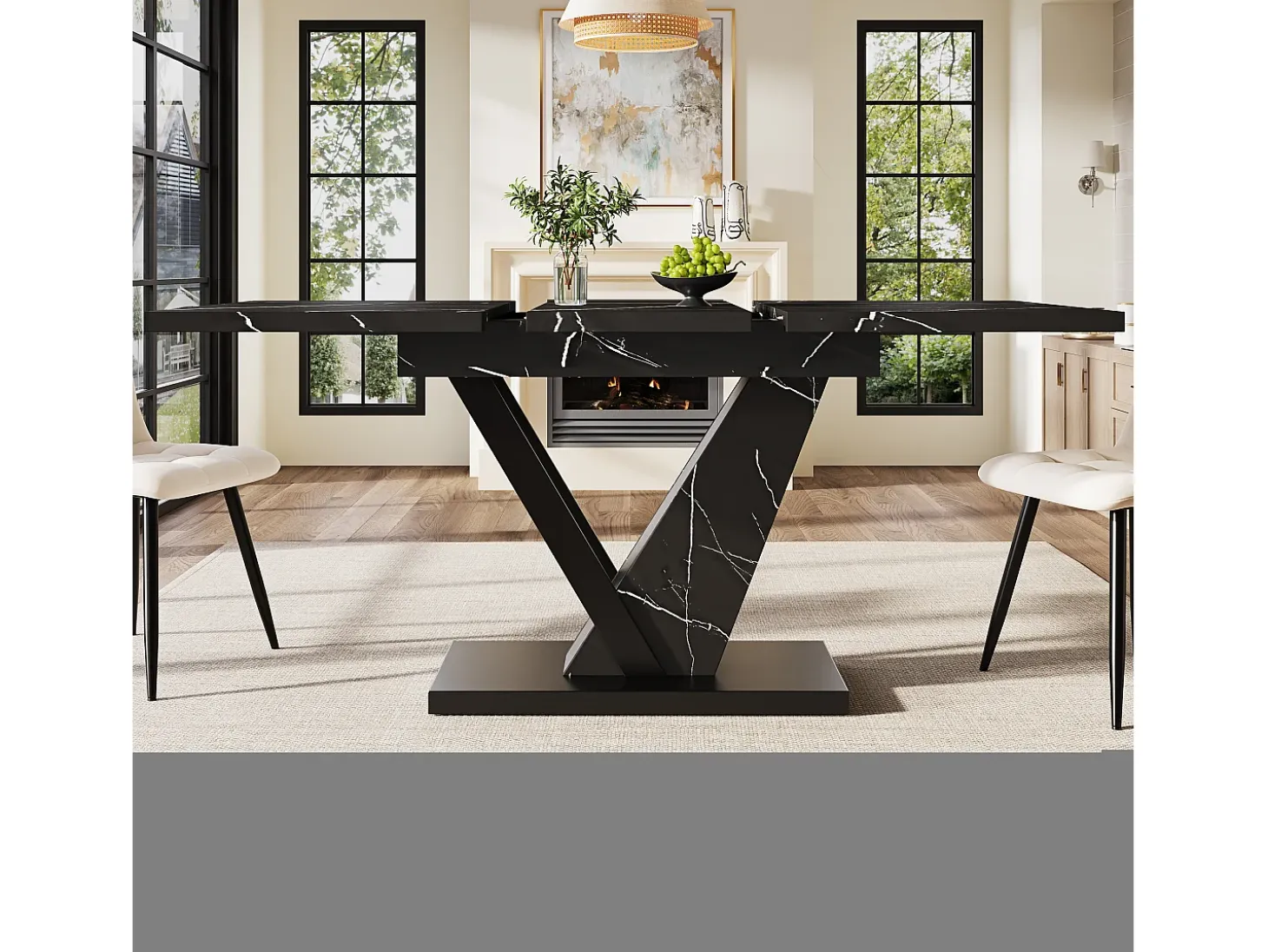 Mesa de comedor extensible para 4-6 personas 160x75cm en MDF con patas de acero regulables, chapa de mármol negro