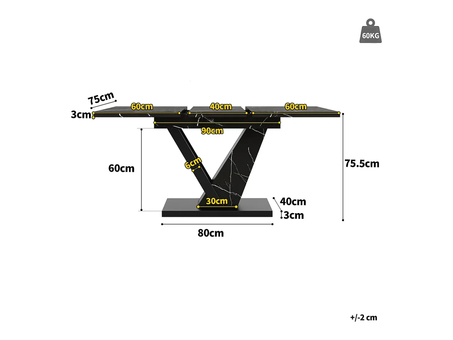 Mesa de comedor extensible para 4-6 personas 160x75cm en MDF con patas de acero regulables, chapa de mármol negro
