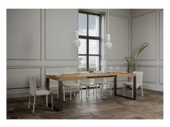 Mesa de comedor extensible tiroz-Color Natural-Soporte 4 pies-5 alargaderas finas-Ancho extensible