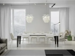 Mesa de comedor extensible Flavio-Color Blanco-Base y soporte con ruedas-5 alargaderas finas-Ancho extensible
