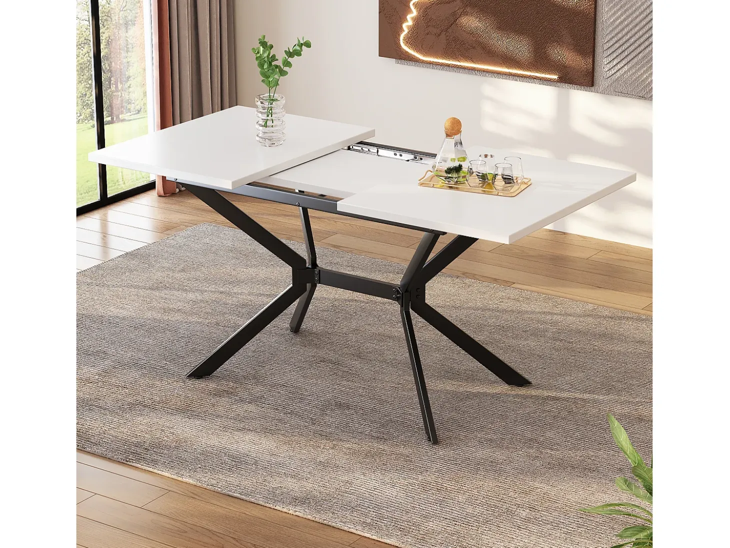 Mesa de comedor extensible 120/160x80 cm, para 4 a 6 personas, patas de metal negro, diseño minimalista (dimensiones: 120/160 x 80 x 75 cm)