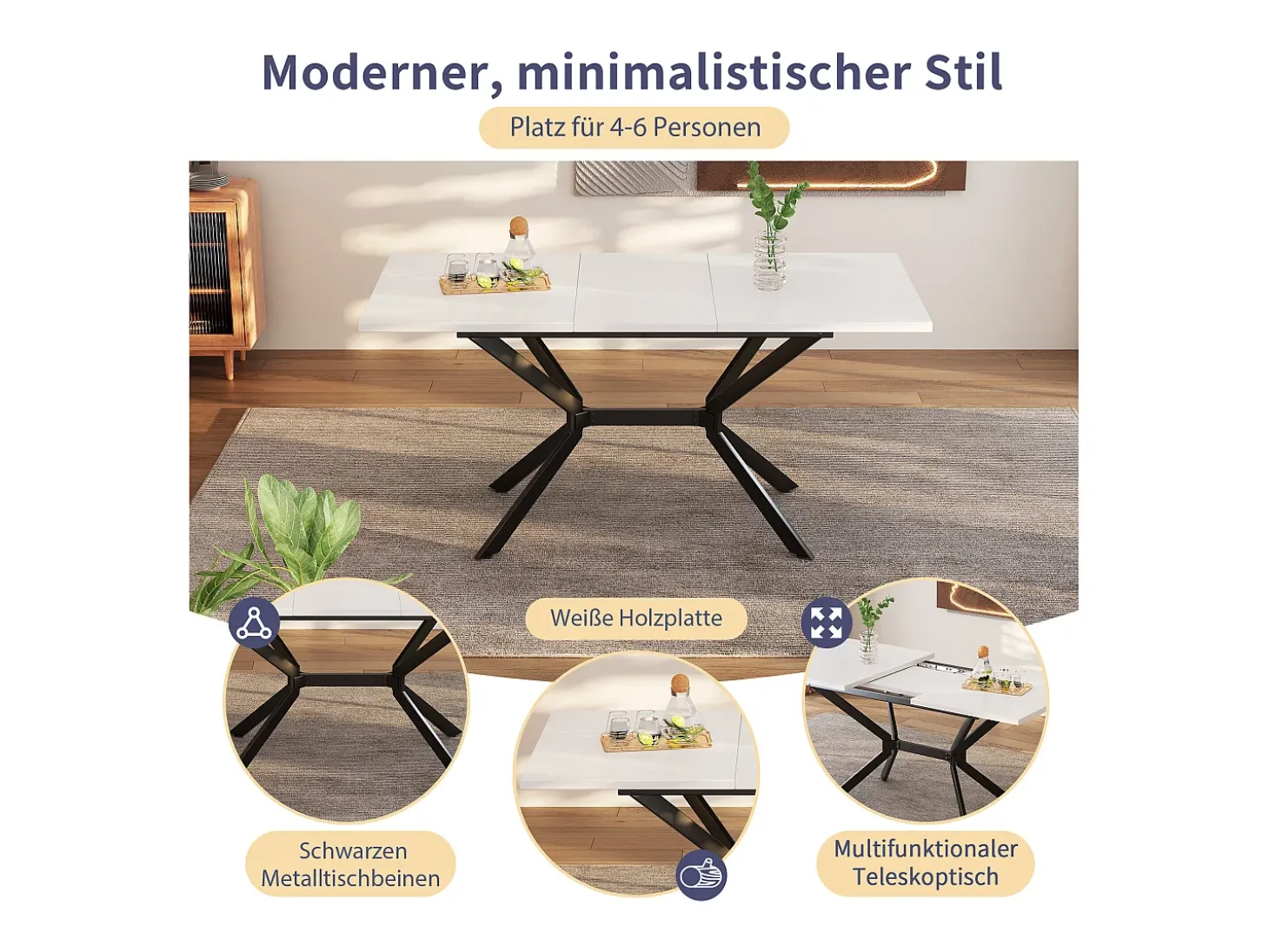 Mesa de comedor extensible 120/160x80 cm, para 4 a 6 personas, patas de metal negro, diseño minimalista (dimensiones: 120/160 x 80 x 75 cm)
