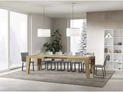Mesa de comedor extensible de madera Naxo.-Color Natural-Base y soporte con ruedas-Alargaderas -Ancho extensible
