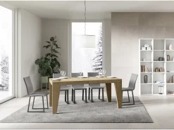 Mesa de comedor extensible de madera Naxo.-Color Natural-Base y soporte con ruedas-Alargaderas -Ancho extensible