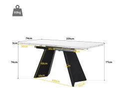 Mesa de comedor extensible (99-159x74cm), mesa de cocina con función telescópica, MDF, patas de metal, blanco/negro (99-159x74x77 cm)