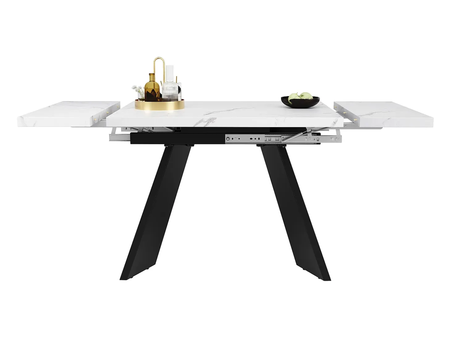 Mesa de comedor extensible (99-159x74cm), mesa de cocina con función telescópica, MDF, patas de metal, blanco/negro (99-159x74x77 cm)