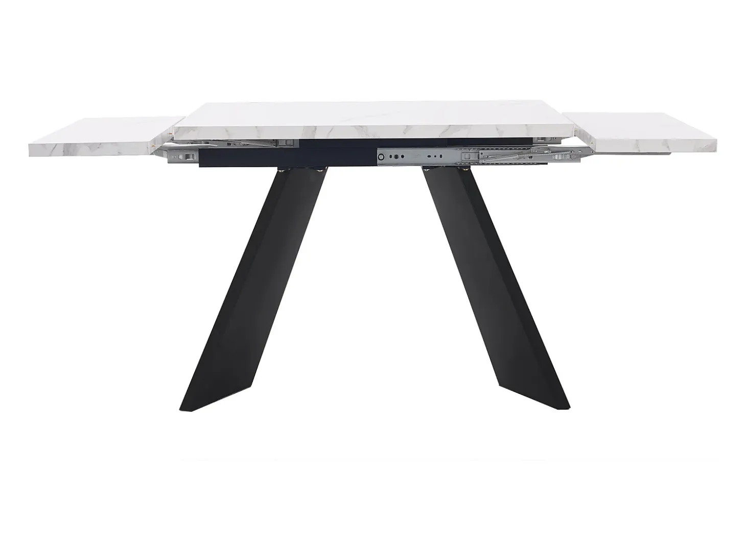 Mesa de comedor extensible (99-159x74cm), mesa de cocina con función telescópica, MDF, patas de metal, blanco/negro (99-159x74x77 cm)