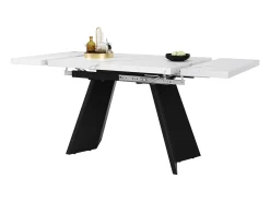 Mesa de comedor extensible (99-159x74cm), mesa de cocina con función telescópica, MDF, patas de metal, blanco/negro (99-159x74x77 cm)