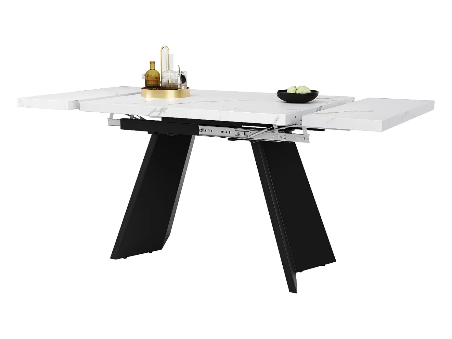Mesa de comedor extensible (99-159x74cm), mesa de cocina con función telescópica, MDF, patas de metal, blanco/negro (99-159x74x77 cm)