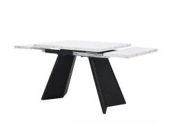 Mesa de comedor extensible (99-159x74cm), mesa de cocina con función telescópica, MDF, patas de metal, blanco/negro (99-159x74x77 cm)