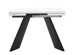 Mesa de comedor extensible (99-159x74cm), mesa de cocina con función telescópica, MDF, patas de metal, blanco/negro (99-159x74x77 cm)