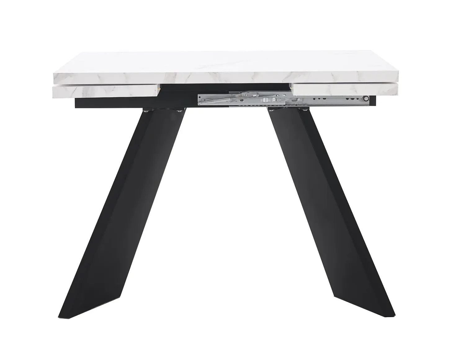 Mesa de comedor extensible (99-159x74cm), mesa de cocina con función telescópica, MDF, patas de metal, blanco/negro (99-159x74x77 cm)