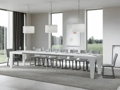 Mesa de comedor extensible de madera Kristo patas en V-Color Blanco-Base y soporte con ruedas-5 alargaderas finas-Ancho extensible